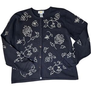 Talbots Black Button Down Cardigan Floral Embroidery Cottagecore Feminine Large